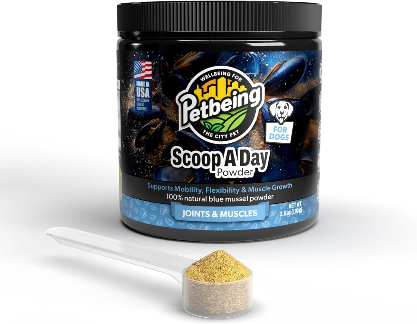 Scoop A Day Dog Supplement - Blue Mussel Powder | Mobility, Muscle, Joints Support | Omega 3 & 6 for Healthy Digestion and Immune Boost - Made in USA (3.5 oz)