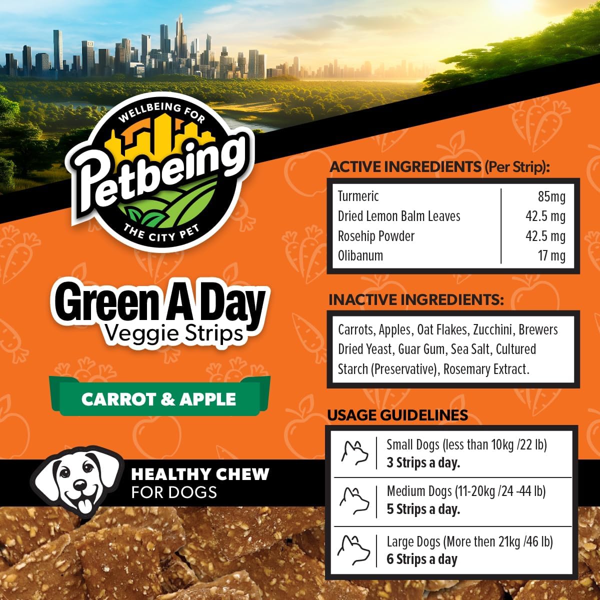 Green A Day - Veggie Strips | a Healthy Vegetarian Supplement Chew for Dogs Made with Real Fruits and Vegetables | 3 oz Bag x4 (Carrot - Apple)