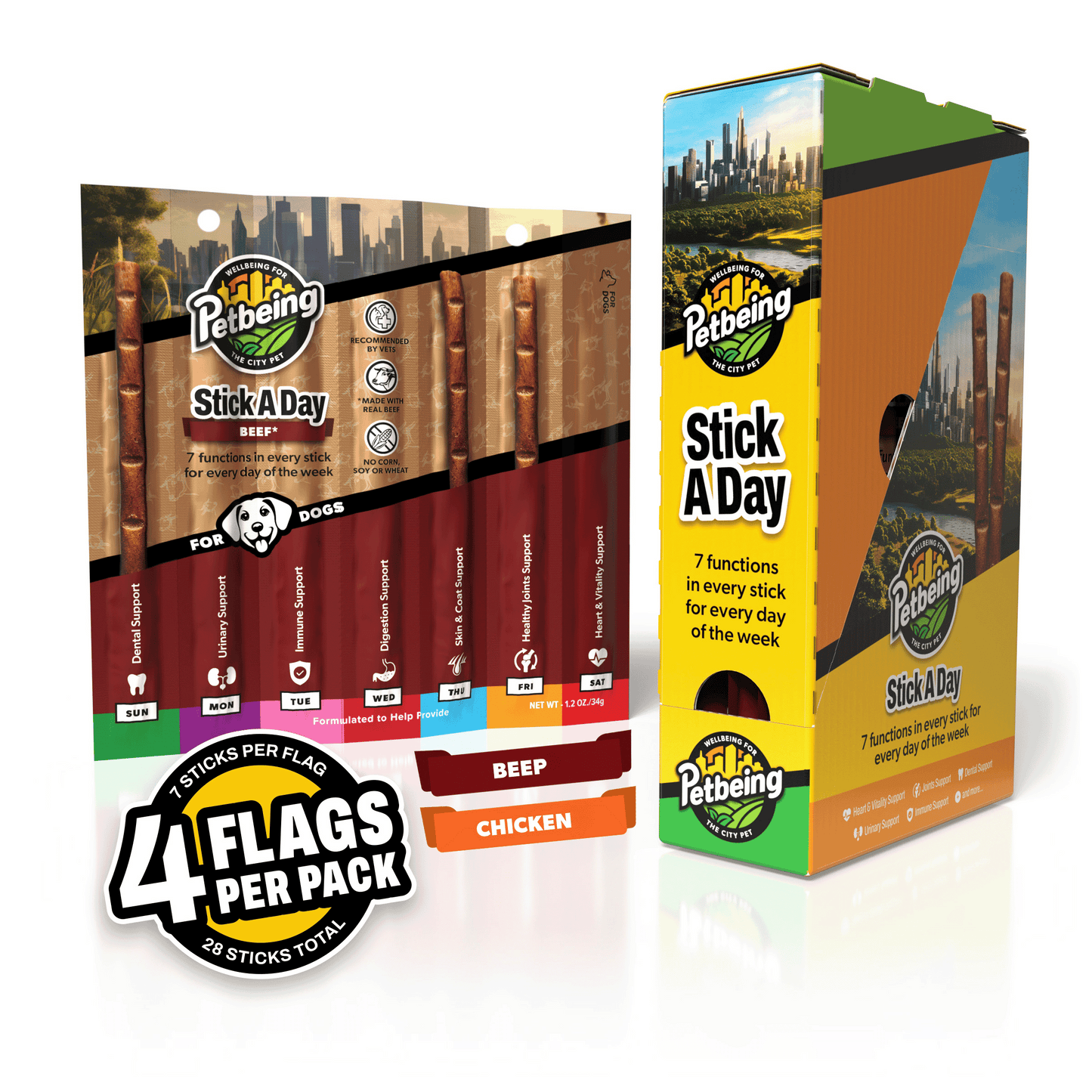 Stick a Day Dogs | Beef Flavor | Specially Formulated 7-in-1 Functions Daily Real Meat Snacks for Dogs | Healthy Tasty Treat & Pet Vitamins & Supplements Combination (Pack of 28 Sticks)