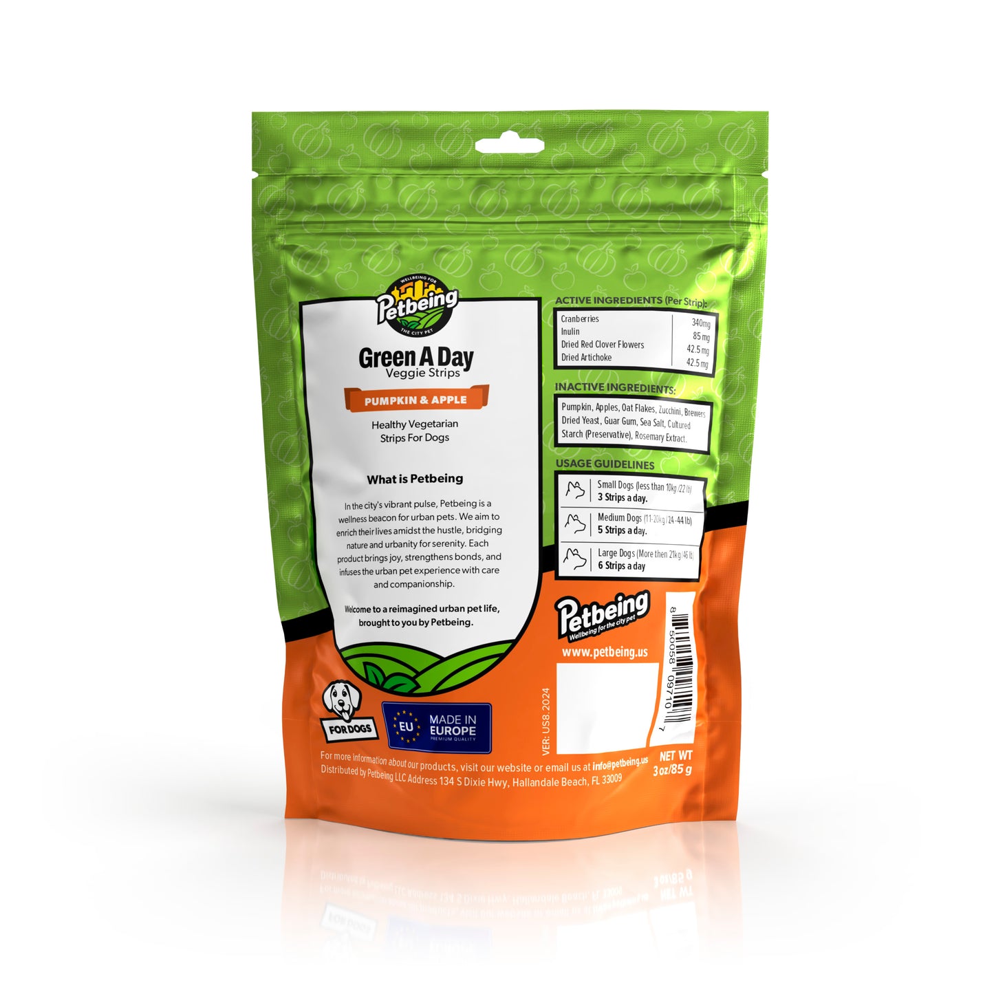 Green A Day - Veggie Strips | Pumpkin - Apple Flavor | A Healthy Vegetarian Supplement Chew for Dogs Made with Real Fruits and Vegetables | 3 oz Bag x4