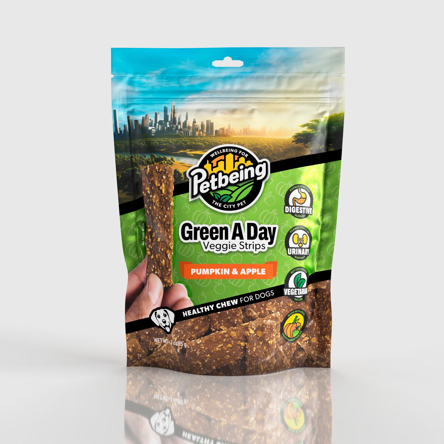 Green A Day - Veggie Strips | Pumpkin - Apple Flavor | A Healthy Vegetarian Supplement Chew for Dogs Made with Real Fruits and Vegetables | 3 oz Bag x4