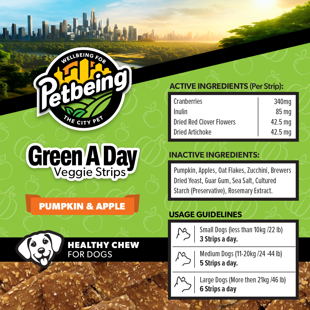 Green A Day - Veggie Strips | Pumpkin - Apple Flavor | A Healthy Vegetarian Supplement Chew for Dogs Made with Real Fruits and Vegetables | 3 oz Bag x4
