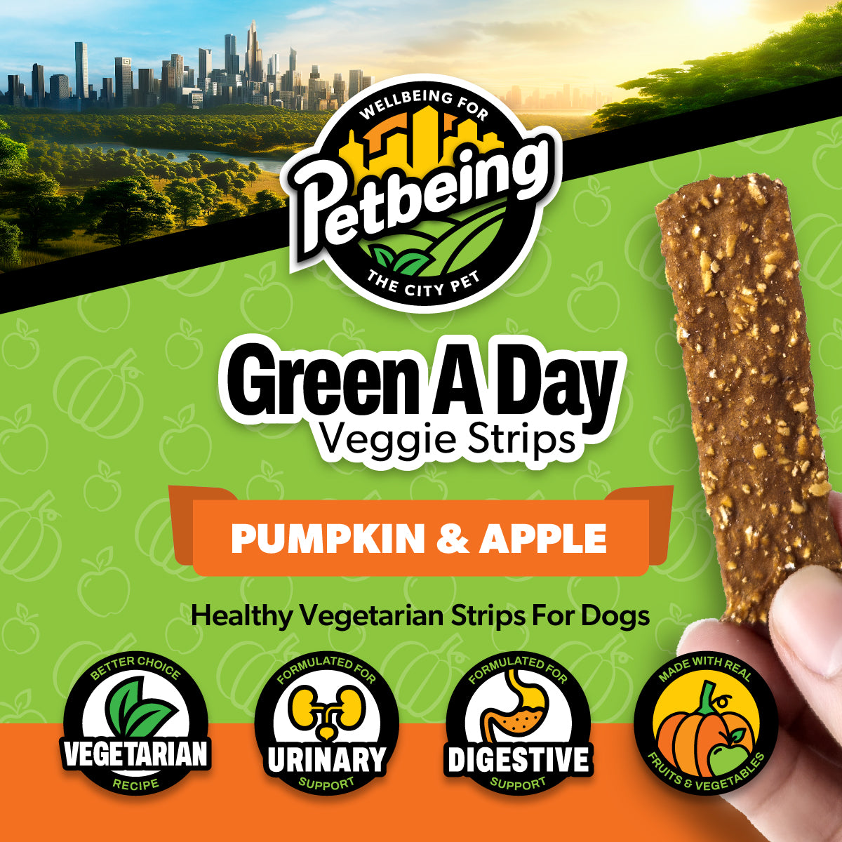 Green A Day - Veggie Strips | Pumpkin - Apple Flavor | A Healthy Vegetarian Supplement Chew for Dogs Made with Real Fruits and Vegetables | 3 oz Bag x4