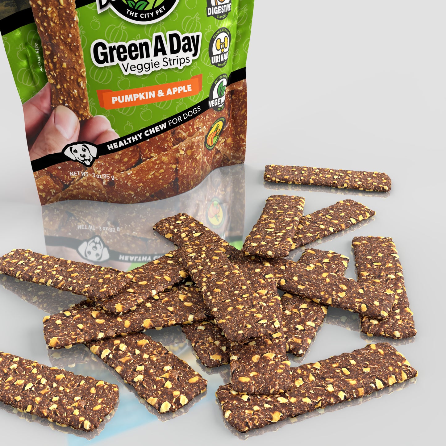 Green A Day - Veggie Strips | Pumpkin - Apple Flavor | A Healthy Vegetarian Supplement Chew for Dogs Made with Real Fruits and Vegetables | 3 oz Bag x4
