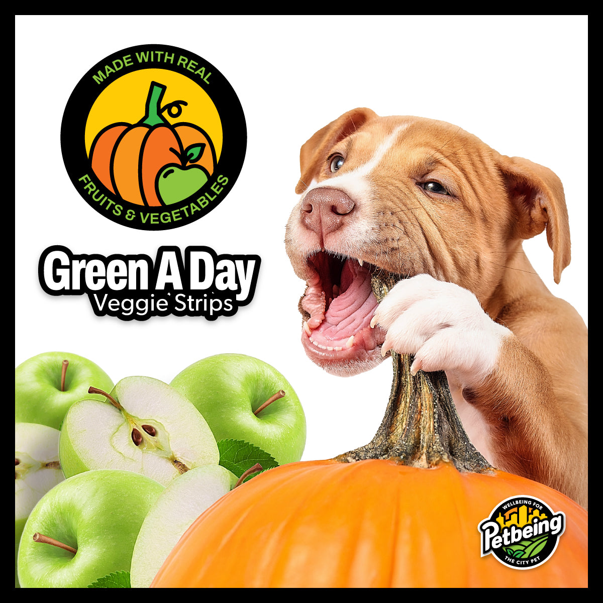 Green A Day - Veggie Strips | Pumpkin - Apple Flavor | A Healthy Vegetarian Supplement Chew for Dogs Made with Real Fruits and Vegetables | 3 oz Bag x4