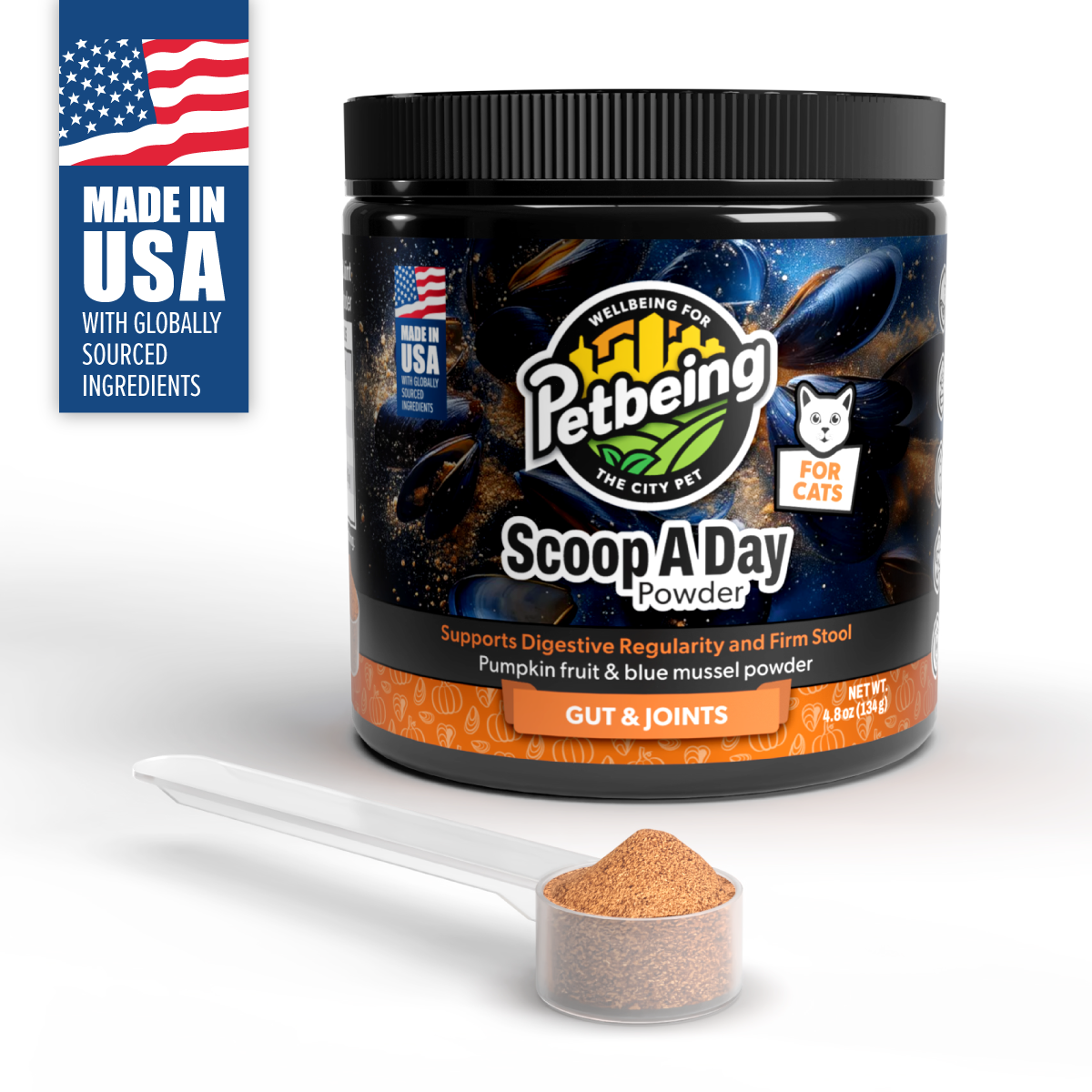 Scoop A Day Cat Supplement | Gut & Joint Support with Pumpkin & Blue Mussel Powder | Omega 3 & 6 for Healthy Digestion, Mobility, and Immune Boost | Made in USA - 4.8 oz (134g)