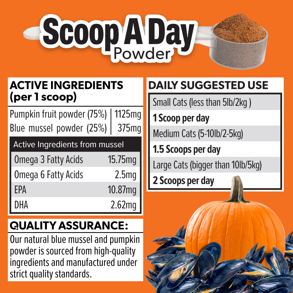 Scoop A Day Cat Supplement | Gut & Joint Support with Pumpkin & Blue Mussel Powder | Omega 3 & 6 for Healthy Digestion, Mobility, and Immune Boost | Made in USA - 4.8 oz (134g)