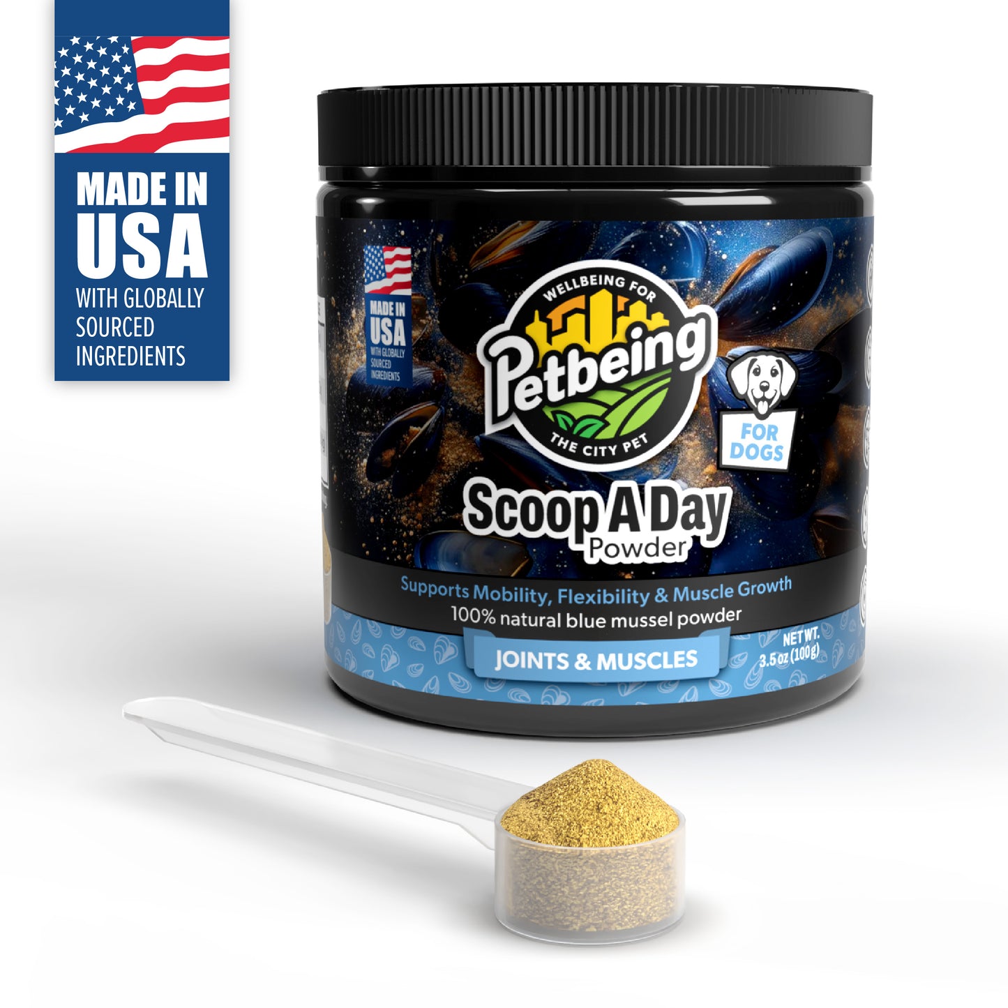 Scoop A Day Dog Supplement | Blue Mussel Powder | Mobility, Muscle, Joints Support | Omega 3 & 6 for Healthy Digestion and Immune Boost - Made in USA (3.5 oz)