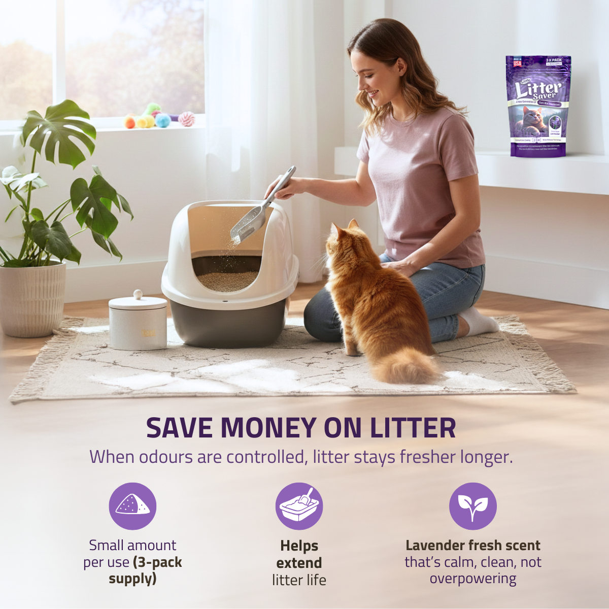 Little Litter Saver | a New Generation Of Cat Litter Box Deodorizer | Unique Formula for Slow Release | Natural Fresh Scent | Up to 15 Weeks Supply | 3 x 0.5oz bags (Lavender)