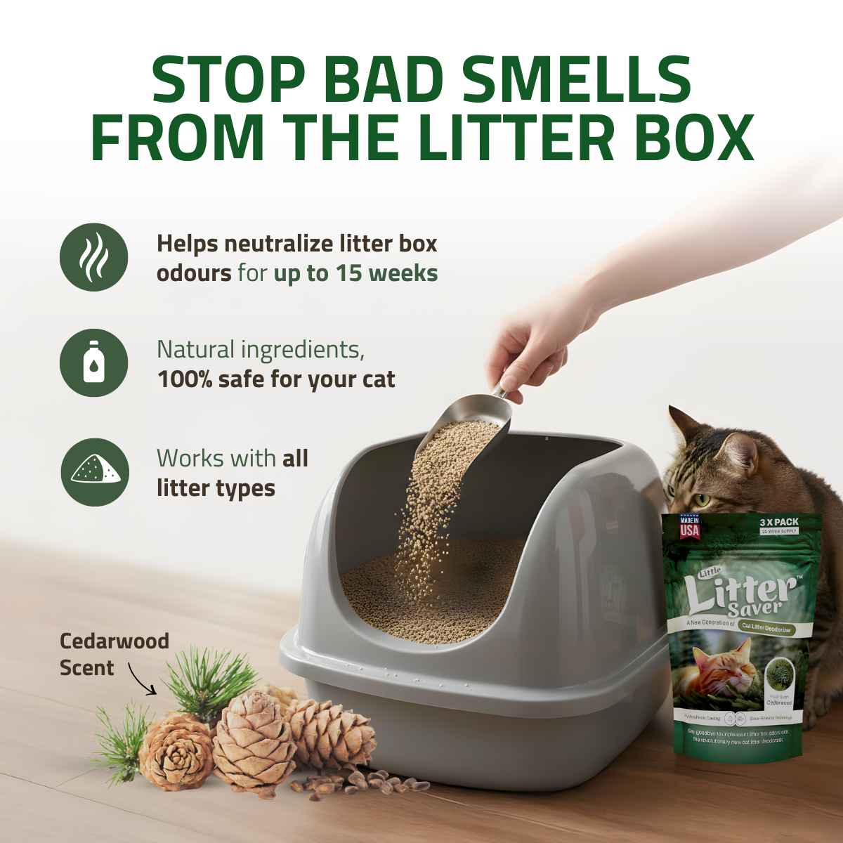 Little Litter Saver | a New Generation Of Cat Litter Box Deodorizer | Unique Formula for Slow Release | Natural Fresh Scent | Up to 15 Weeks Supply | 3 x 0.5oz bags (Cedar)