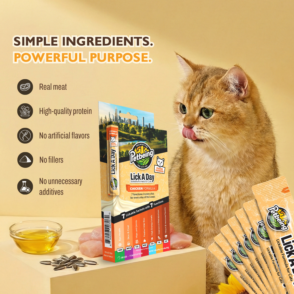 Lick a Day | Mix Flavor Chicken & Tuna | Specially Formulated 7-in-1 Functions Daily Real Meat Lickable Cat Treats | Tasty Cat Puree Squeeze ups for Cats & Pet Vitamins Combination (Pack of 28 Sachets)