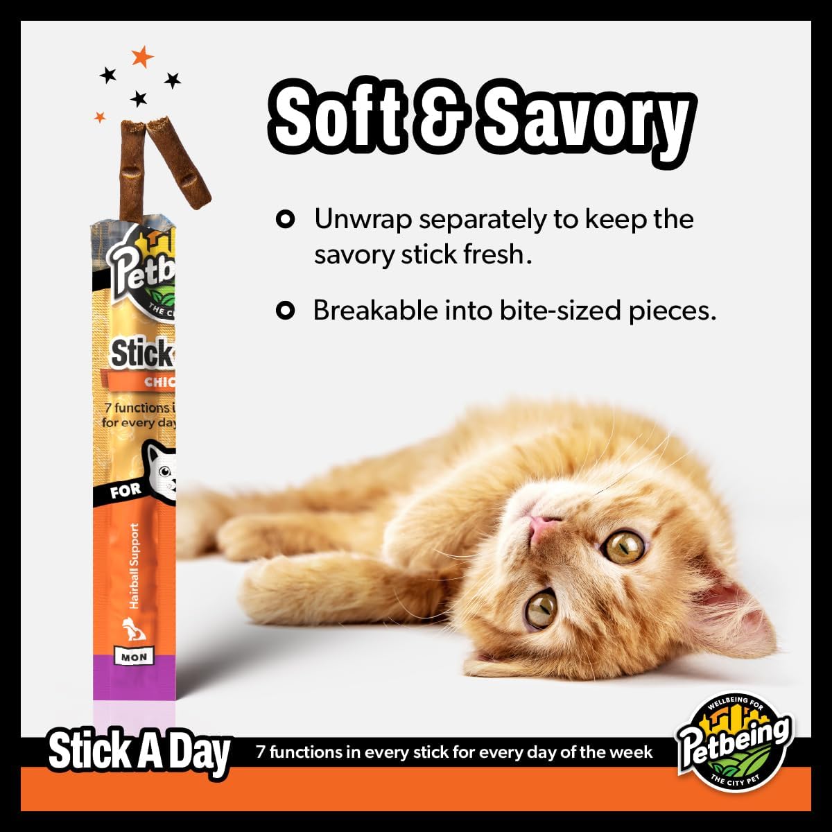 Stick a Day | Specially Formulated 7-in-1 Functions Daily Real Meat Snacks for Cats | Tasty Cat Treat & Pet Vitamins & Supplements Combination (7-Pack x 4, Chicken)