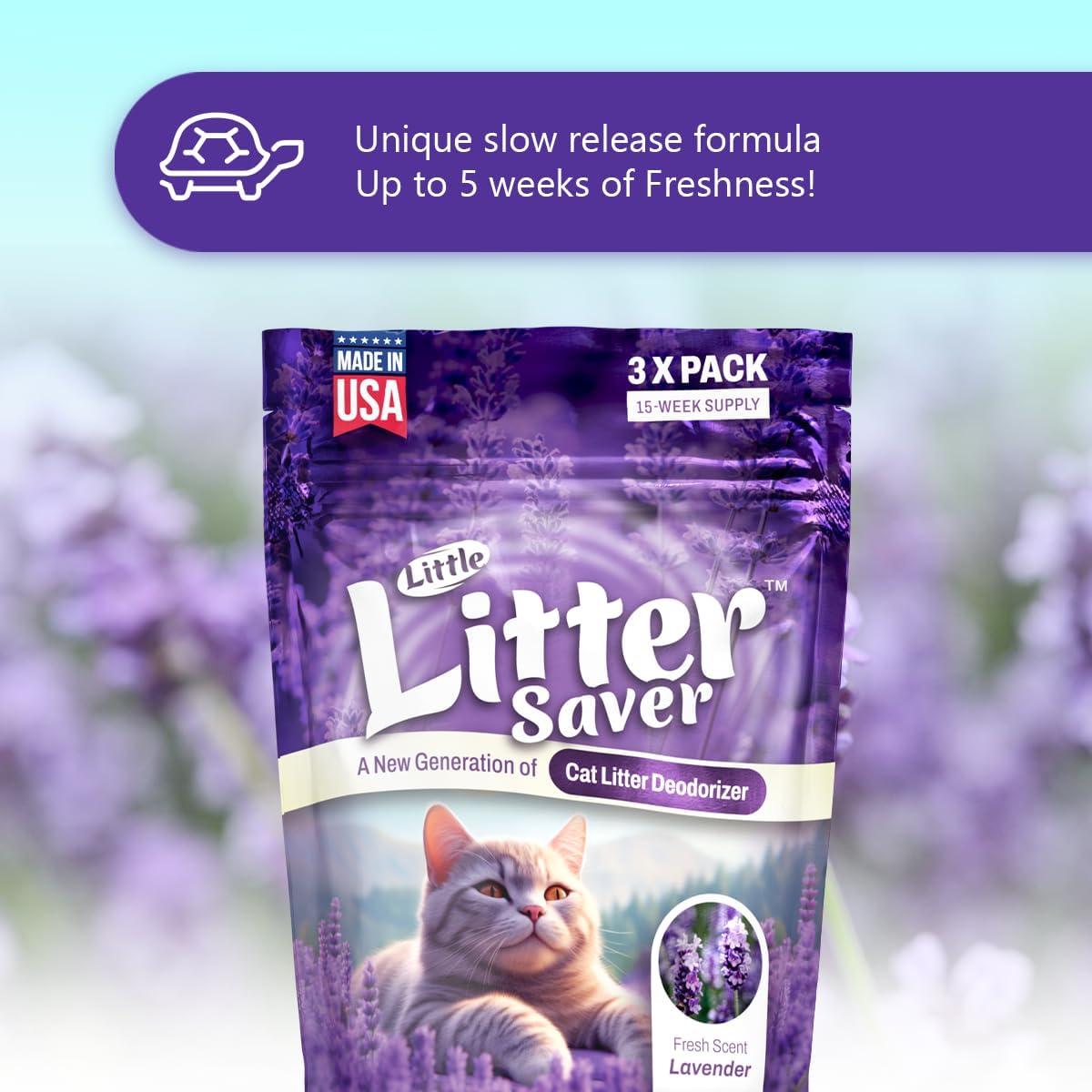 Little Litter Saver | a New Generation Of Cat Litter Box Deodorizer | Unique Formula for Slow Release | Natural Fresh Scent | Up to 15 Weeks Supply | 3 x 0.5oz bags (Lavender)