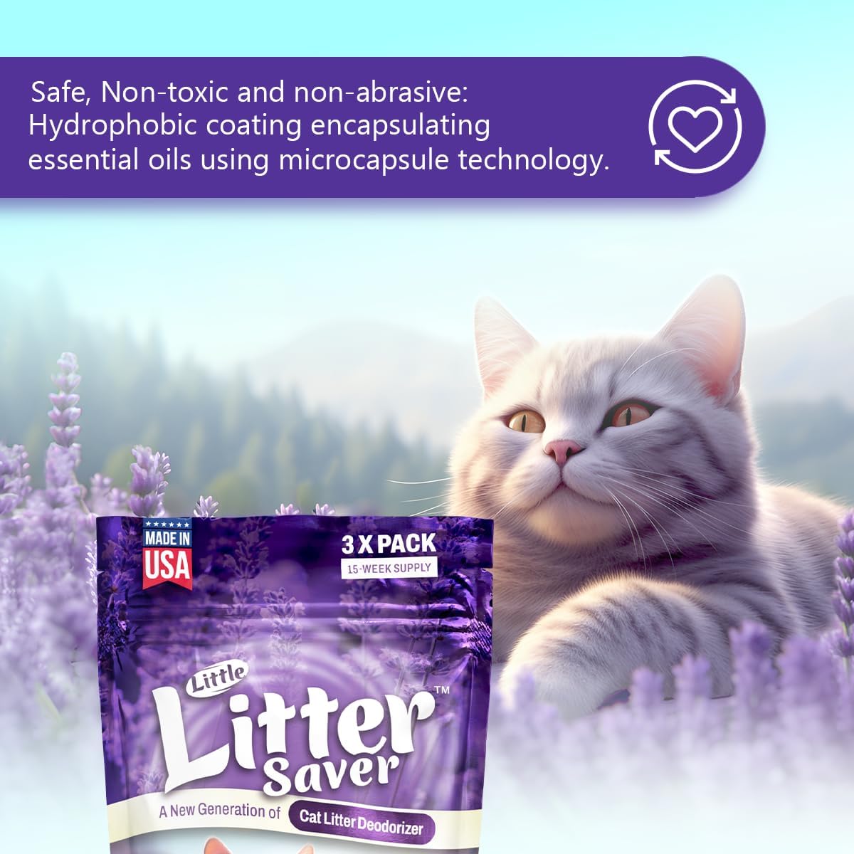 Little Litter Saver | a New Generation Of Cat Litter Box Deodorizer | Unique Formula for Slow Release | Natural Fresh Scent | Up to 15 Weeks Supply | 3 x 0.5oz bags (Lavender)