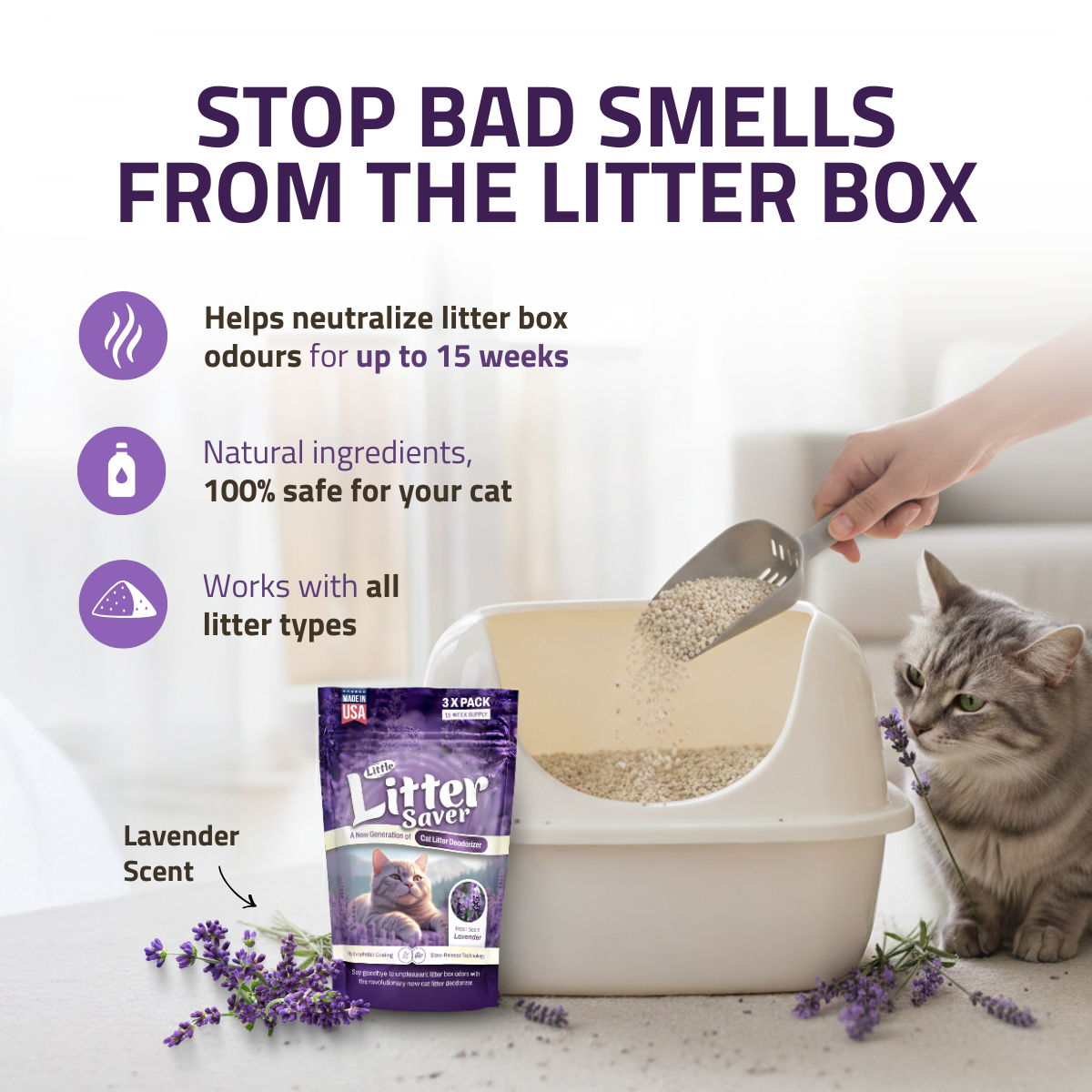 Little Litter Saver | a New Generation Of Cat Litter Box Deodorizer | Unique Formula for Slow Release | Natural Fresh Scent | Up to 15 Weeks Supply | 3 x 0.5oz bags (Lavender)