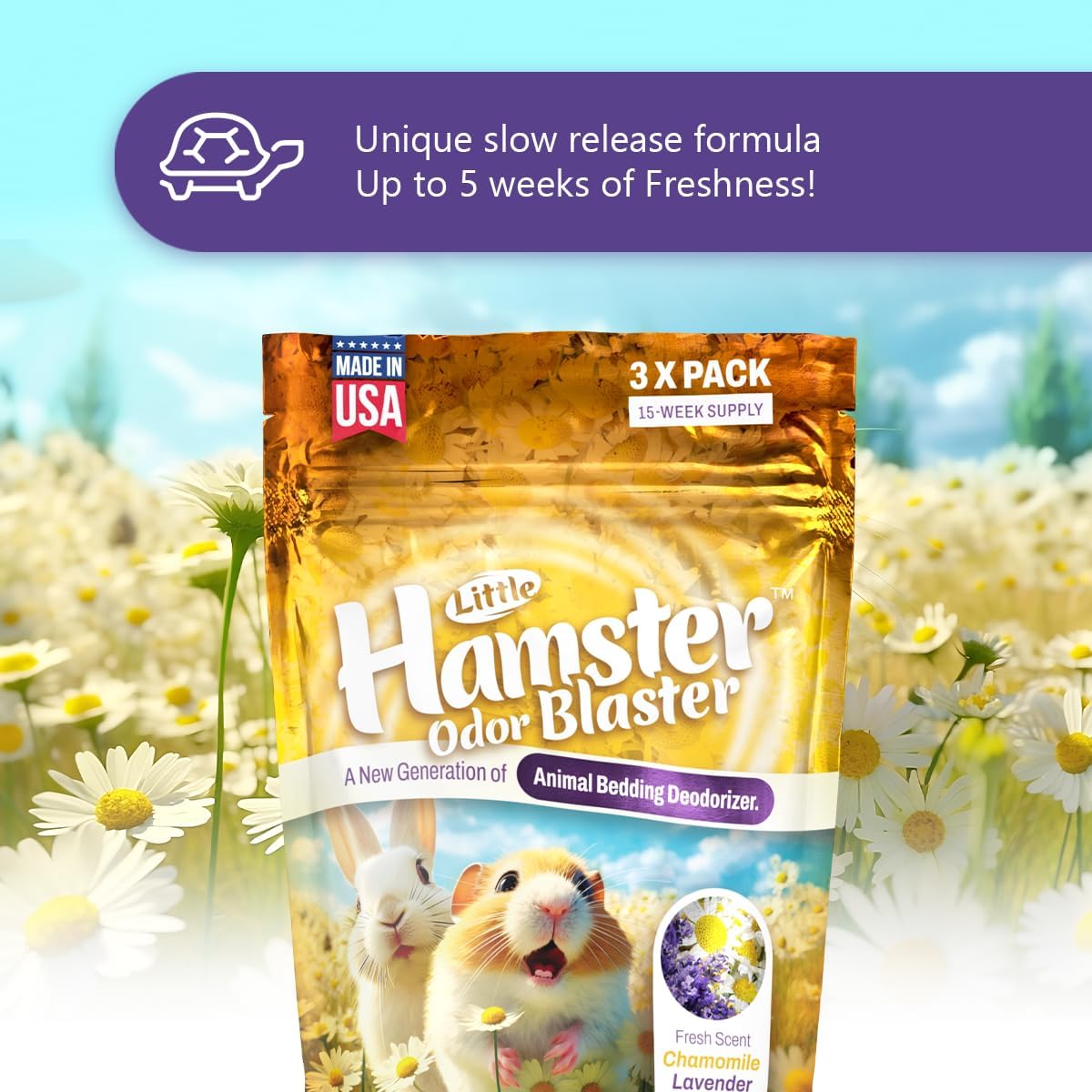 Little Hamster Odor Blaster | a New Generation Of Animal Bedding Deodorizer | Unique Formula for Slow Release | Natural Fresh Scent - Lavender & Chamomile | Up to 15 Weeks Supply | 3 x 0.5oz bags