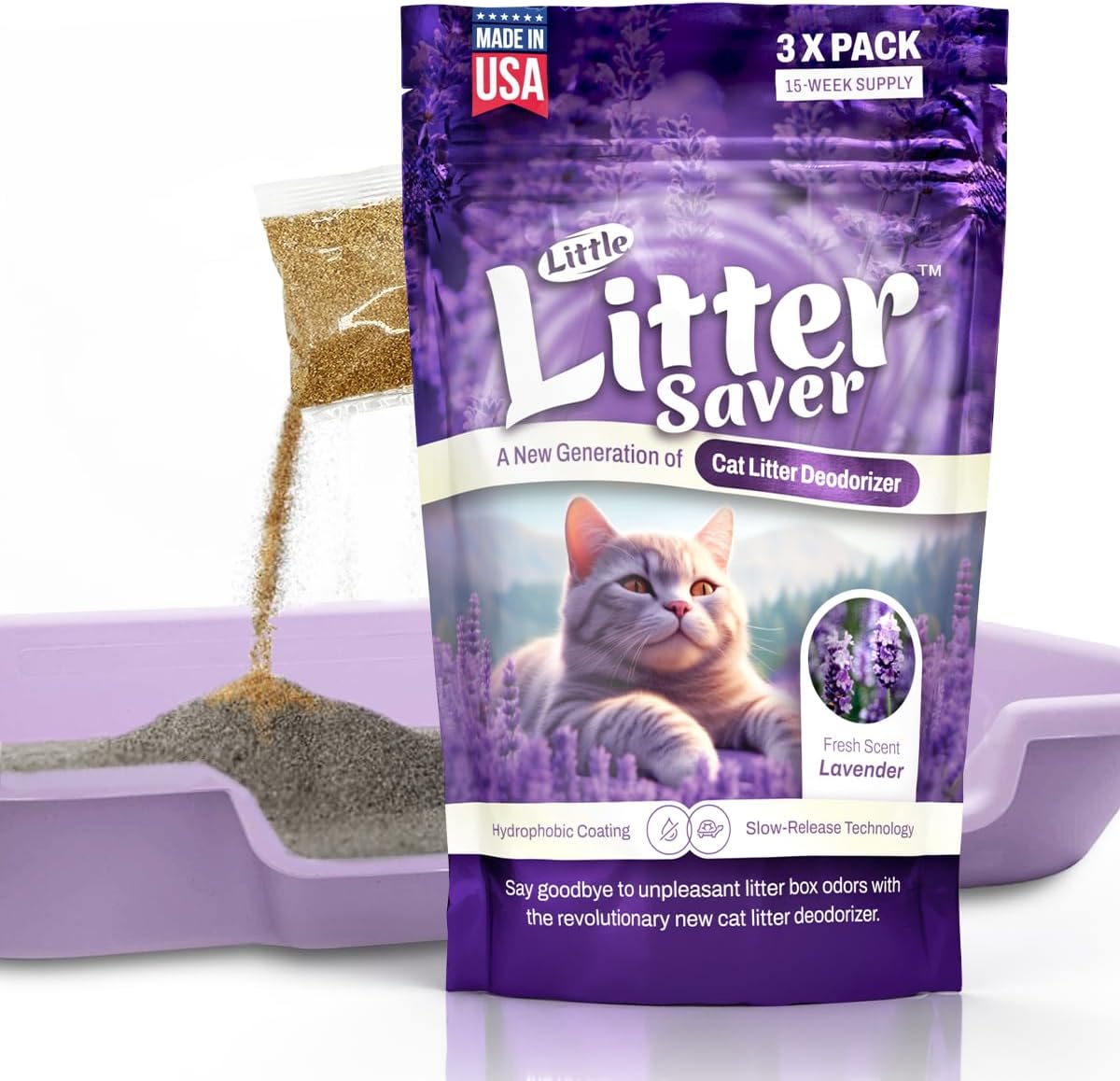 Little Litter Saver | a New Generation Of Cat Litter Box Deodorizer | Unique Formula for Slow Release | Natural Fresh Scent | Up to 15 Weeks Supply | 3 x 0.5oz bags (Lavender)