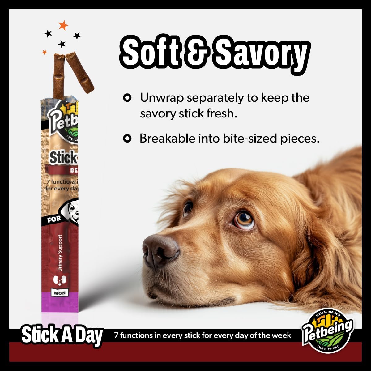 Stick a Day | Specially Formulated 7-in-1 Functions Daily Real Meat Snacks for Dogs | Healthy Tasty Treat & Pet Vitamins & Supplements Combination (7-Pack x 4, Beef)