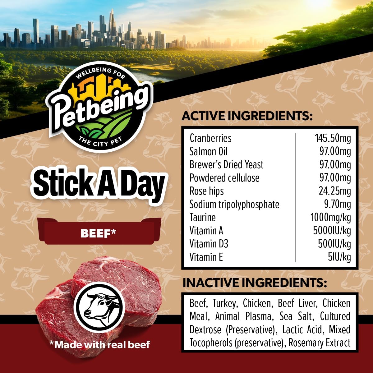 Stick a Day | Specially Formulated 7-in-1 Functions Daily Real Meat Snacks for Dogs | Healthy Tasty Treat & Pet Vitamins & Supplements Combination (7-Pack x 4, Beef)