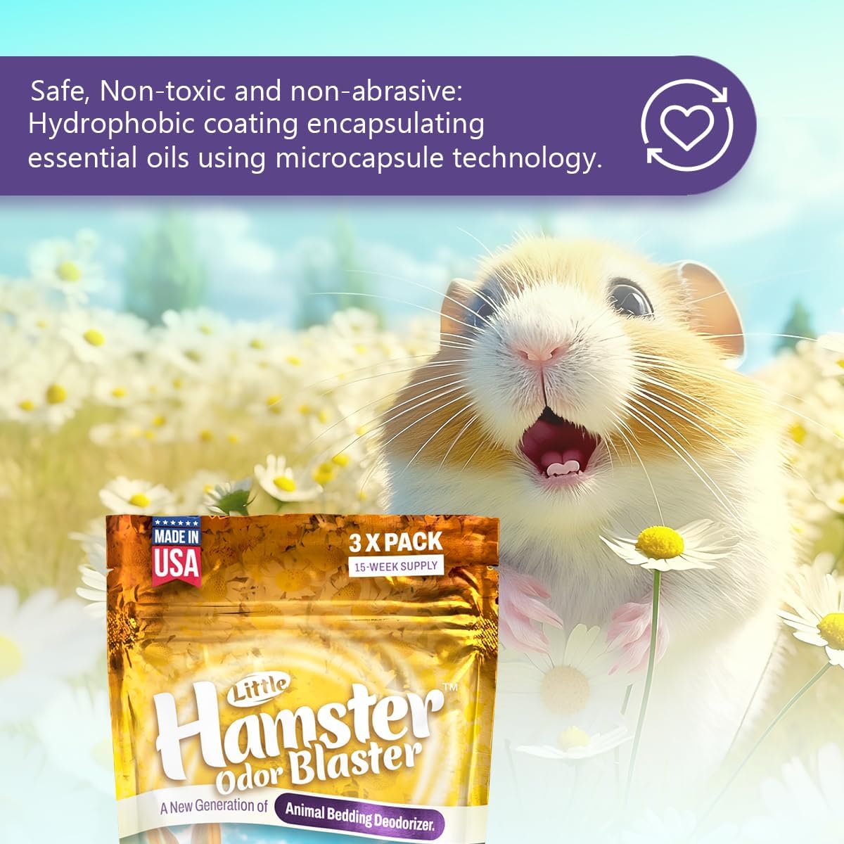 Little Hamster Odor Blaster | a New Generation Of Animal Bedding Deodorizer | Unique Formula for Slow Release | Natural Fresh Scent - Lavender & Chamomile | Up to 15 Weeks Supply | 3 x 0.5oz bags