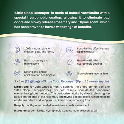 Little Coop Recouper | a New Generation Of Urban Chicken Coop Deodorizer | Unique Formula for Slow Release | Natural Fresh Scent | Up to 15 Weeks Supply | 4x0.5oz (Rosemary & Thyme)