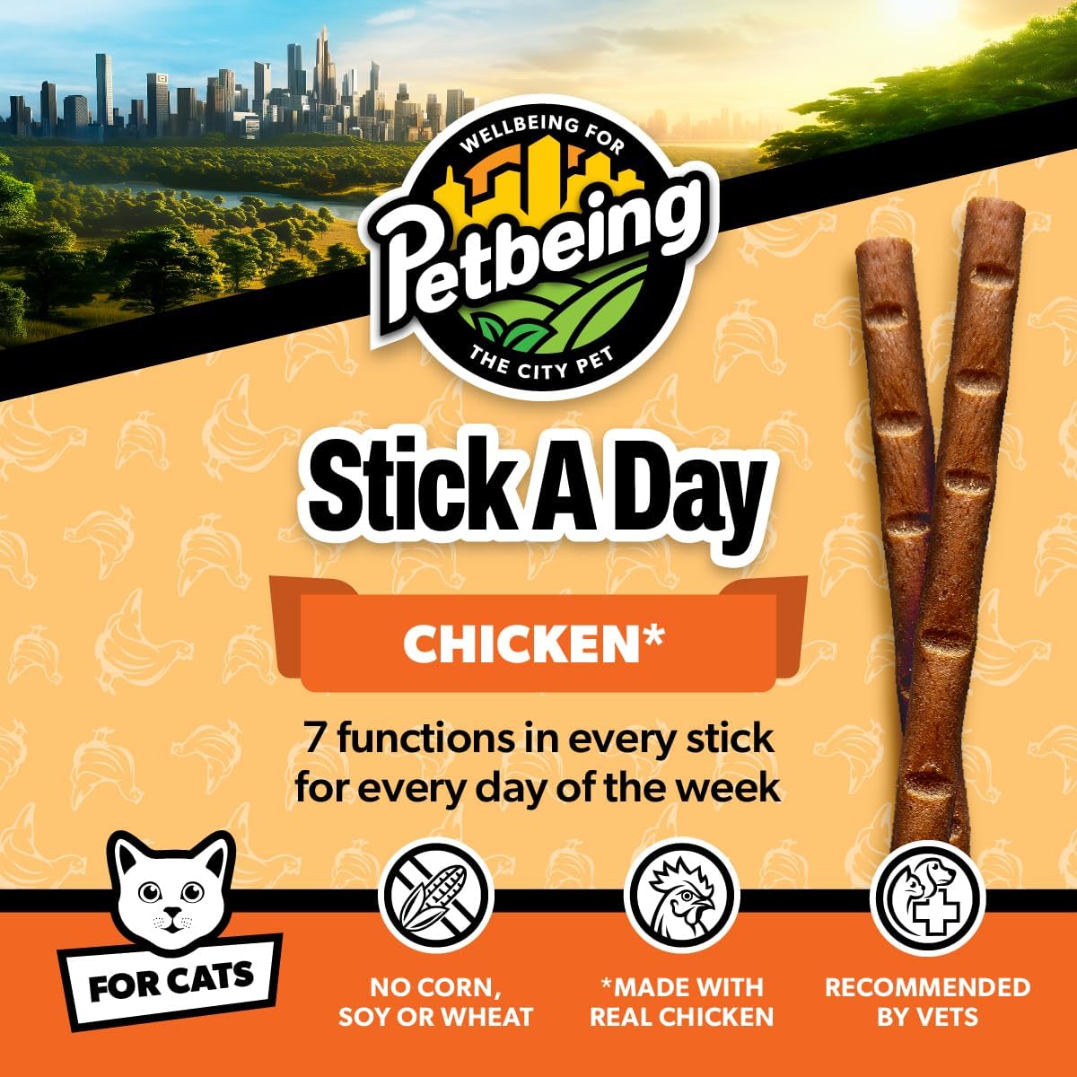 Stick a Day | Specially Formulated 7-in-1 Functions Daily Real Meat Snacks for Cats | Tasty Cat Treat & Pet Vitamins & Supplements Combination (7-Pack x 4, Chicken)