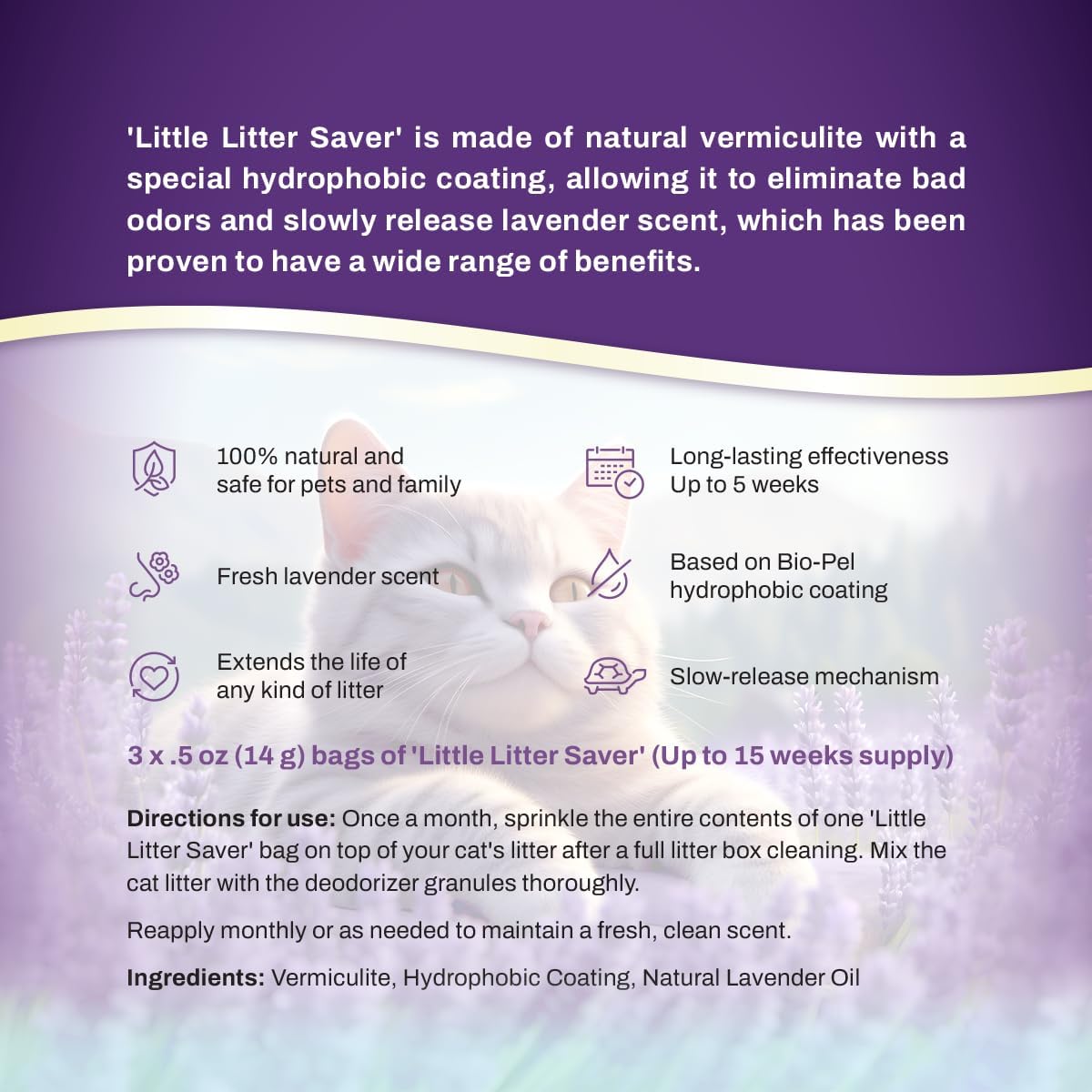 Little Litter Saver | a New Generation Of Cat Litter Box Deodorizer | Unique Formula for Slow Release | Natural Fresh Scent | Up to 15 Weeks Supply | 3 x 0.5oz bags (Lavender)