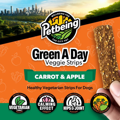 Green A Day - Veggie Strips | a Healthy Vegetarian Supplement Chew for Dogs Made with Real Fruits and Vegetables | 3 oz Bag x4 (Carrot - Apple)