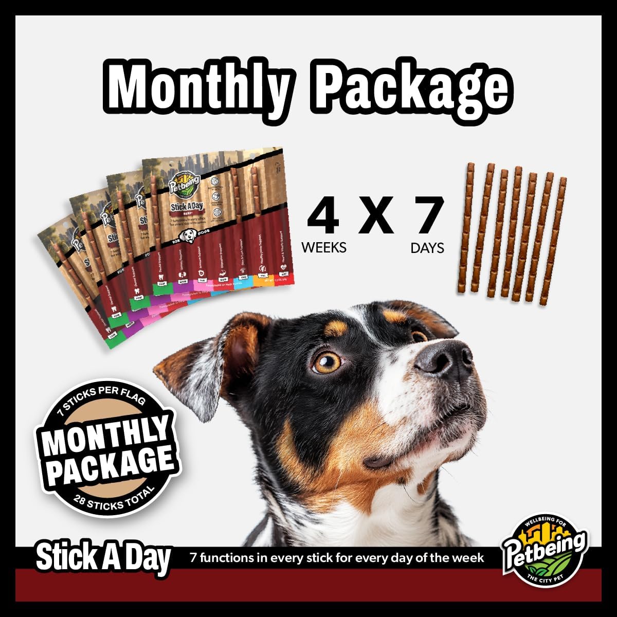 Stick a Day | Specially Formulated 7-in-1 Functions Daily Real Meat Snacks for Dogs | Healthy Tasty Treat & Pet Vitamins & Supplements Combination (7-Pack x 4, Beef)