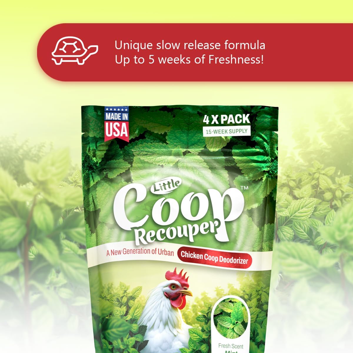 Little Coop Recouper | a New Generation Of Urban Chicken Coop Deodorizer | Unique Formula for Slow Release | Natural Fresh Scent | Up to 15 Weeks Supply | 4 x 0.5oz (Mint)