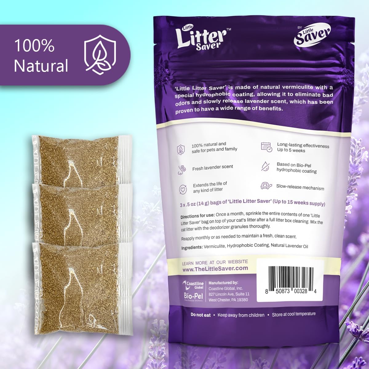 Little Litter Saver | a New Generation Of Cat Litter Box Deodorizer | Unique Formula for Slow Release | Natural Fresh Scent | Up to 15 Weeks Supply | 3 x 0.5oz bags (Lavender)