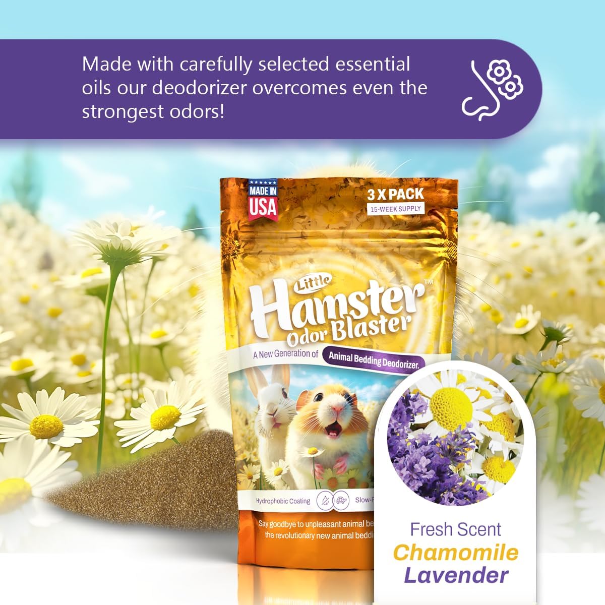 Little Hamster Odor Blaster | a New Generation Of Animal Bedding Deodorizer | Unique Formula for Slow Release | Natural Fresh Scent - Lavender & Chamomile | Up to 15 Weeks Supply | 3 x 0.5oz bags