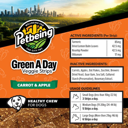 Green A Day - Veggie Strips | a Healthy Vegetarian Supplement Chew for Dogs Made with Real Fruits and Vegetables | 3 oz Bag x4 (Carrot - Apple)