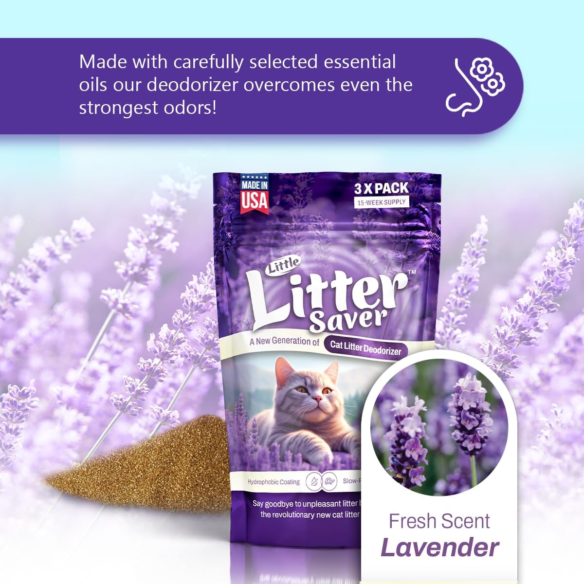 Little Litter Saver | a New Generation Of Cat Litter Box Deodorizer | Unique Formula for Slow Release | Natural Fresh Scent | Up to 15 Weeks Supply | 3 x 0.5oz bags (Lavender)