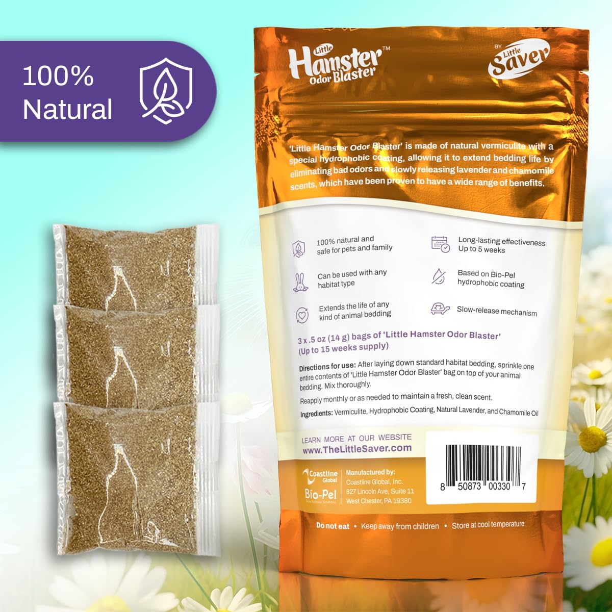 Little Hamster Odor Blaster | a New Generation Of Animal Bedding Deodorizer | Unique Formula for Slow Release | Natural Fresh Scent - Lavender & Chamomile | Up to 15 Weeks Supply | 3 x 0.5oz bags