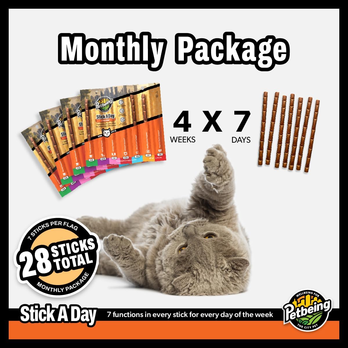 Stick a Day | Specially Formulated 7-in-1 Functions Daily Real Meat Snacks for Cats | Tasty Cat Treat & Pet Vitamins & Supplements Combination (7-Pack x 4, Chicken)