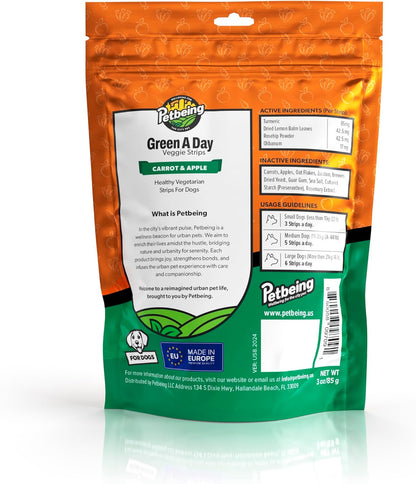 Green A Day - Veggie Strips | a Healthy Vegetarian Supplement Chew for Dogs Made with Real Fruits and Vegetables | 3 oz Bag x4 (Carrot - Apple)