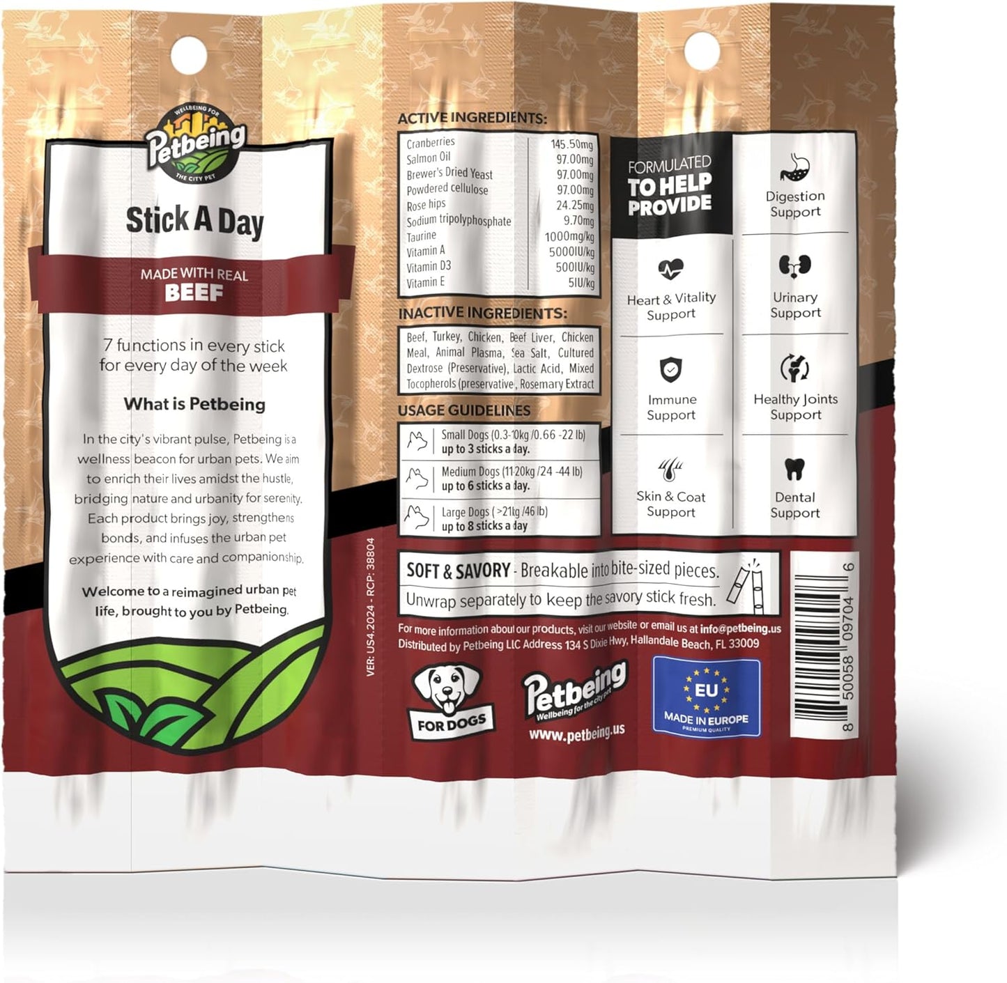 Stick a Day | Specially Formulated 7-in-1 Functions Daily Real Meat Snacks for Dogs | Healthy Tasty Treat & Pet Vitamins & Supplements Combination (7-Pack x 4, Beef)