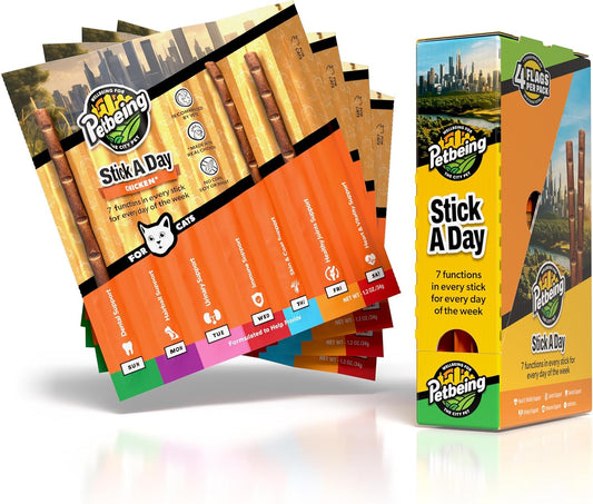 Stick a Day | Specially Formulated 7-in-1 Functions Daily Real Meat Snacks for Cats | Tasty Cat Treat & Pet Vitamins & Supplements Combination (7-Pack x 4, Chicken)