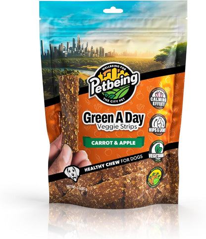 Green A Day - Veggie Strips | a Healthy Vegetarian Supplement Chew for Dogs Made with Real Fruits and Vegetables | 3 oz Bag x4 (Carrot - Apple)