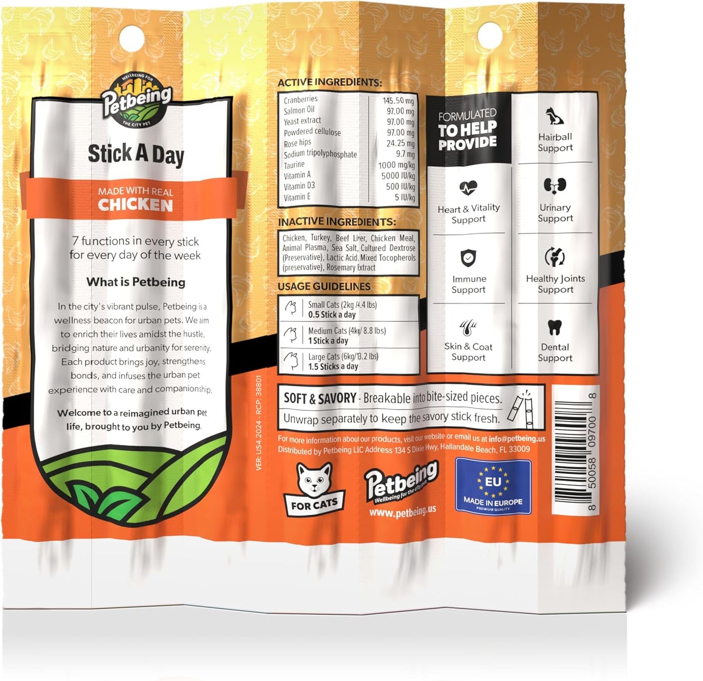 Stick a Day | Specially Formulated 7-in-1 Functions Daily Real Meat Snacks for Cats | Tasty Cat Treat & Pet Vitamins & Supplements Combination (7-Pack x 4, Chicken)