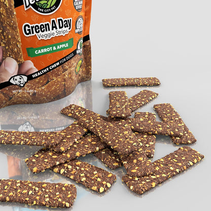 Green A Day - Veggie Strips | a Healthy Vegetarian Supplement Chew for Dogs Made with Real Fruits and Vegetables | 3 oz Bag x4 (Carrot - Apple)