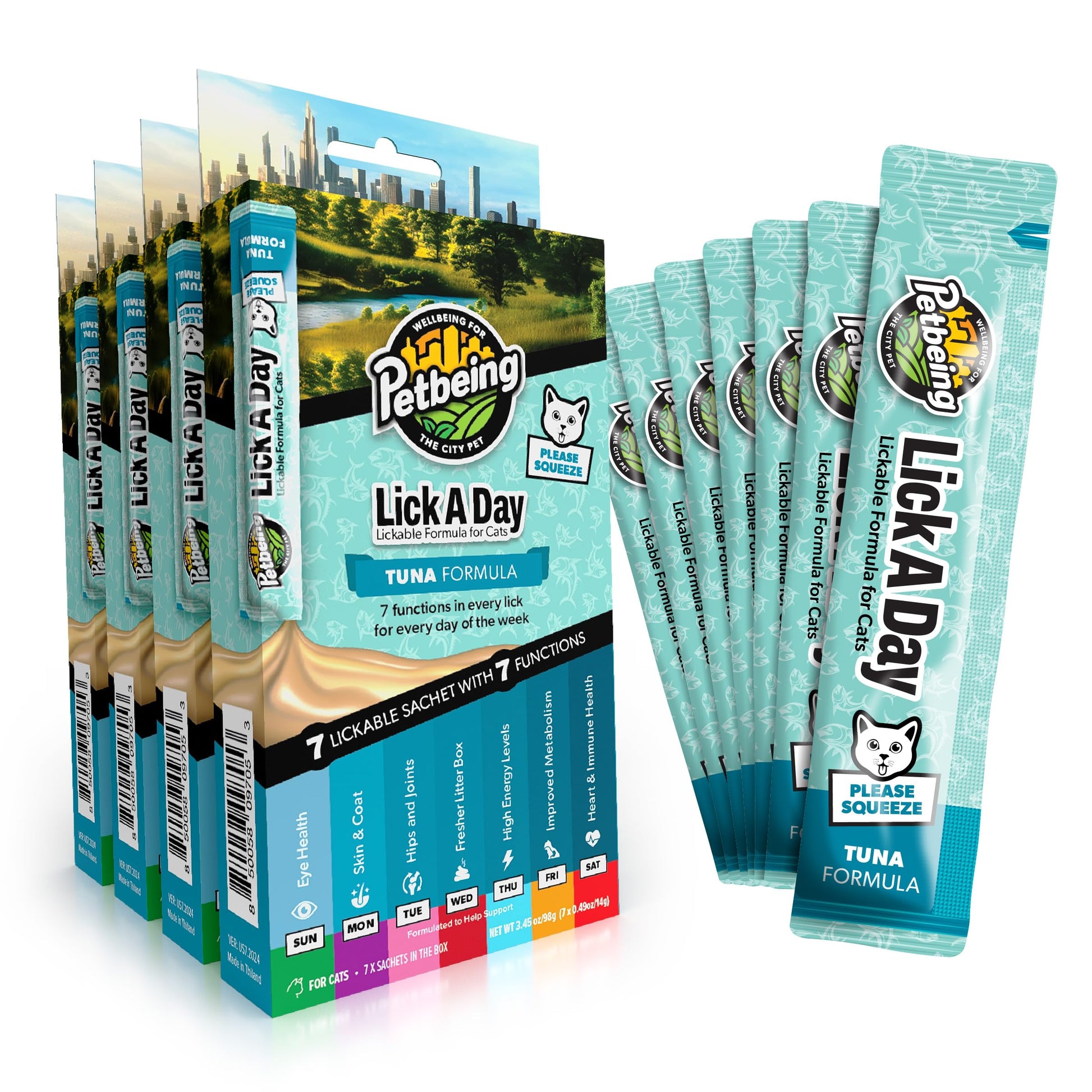 Lick a Day | Specially Formulated 7-in-1 Functions Daily Real Meat Lickable Cat Treats | Tasty Cat Puree Squeeze ups for Cats & Pet Vitamins Combination (7-Pack x 4, Chicken & Tuna)