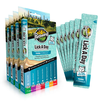 Lick a Day | Specially Formulated 7-in-1 Functions Daily Real Meat Lickable Cat Treats | Tasty Cat Puree Squeeze ups for Cats & Pet Vitamins Combination (7-Pack x 4, Chicken & Tuna)