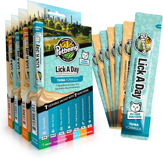 Lick a Day | Specially Formulated 7-in-1 Functions Daily Real Meat Lickable Cat Treats | Tasty Cat Puree Squeeze ups for Cats & Pet Vitamins Combination (7-Pack x 4, Chicken & Tuna)