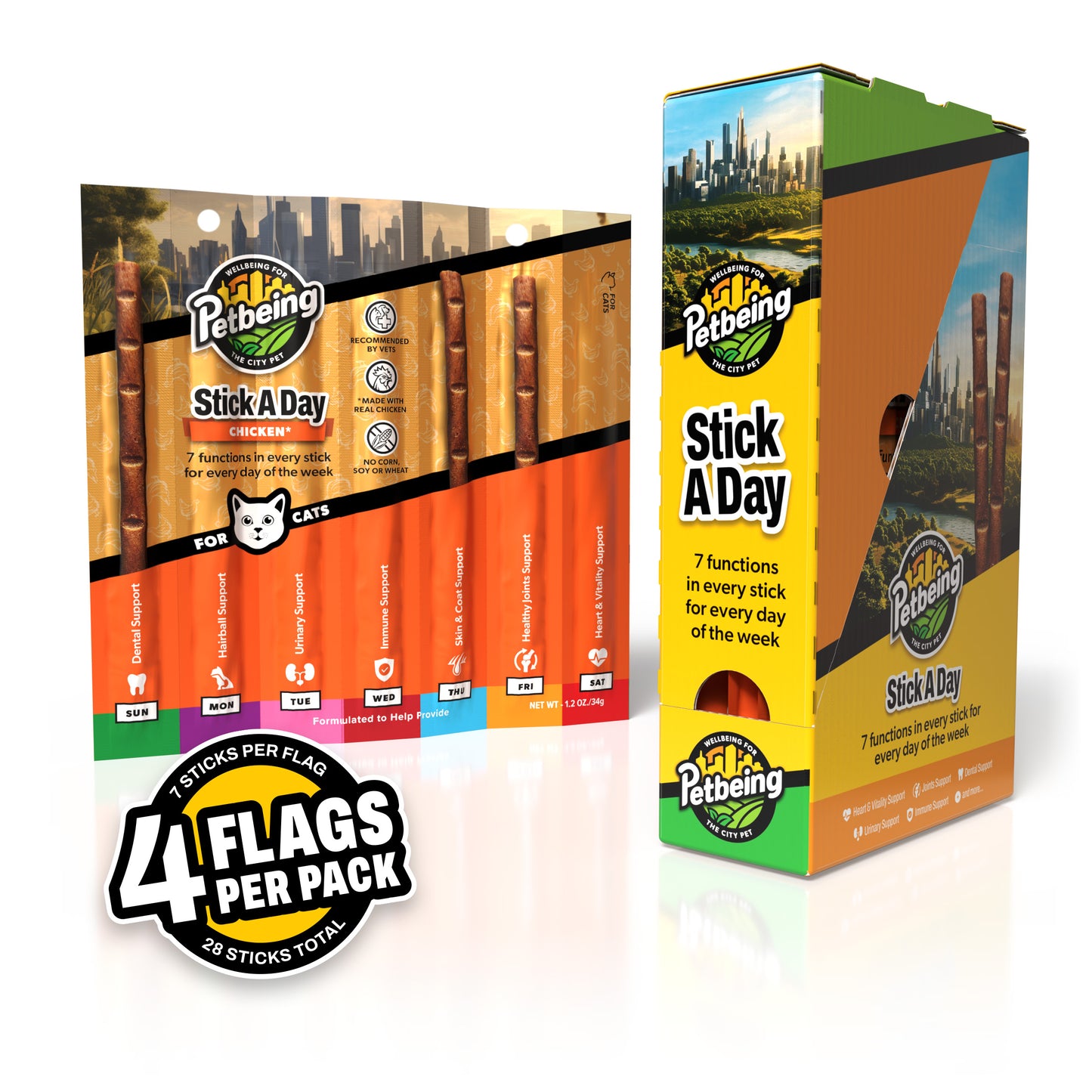 Stick a Day | Chicken Flavor | Specially Formulated 7-in-1 Functions Daily Real Meat Snacks for Cats | Tasty Cat Treat & Pet Vitamins & Supplements Combination (Pack of 28 Sticks)