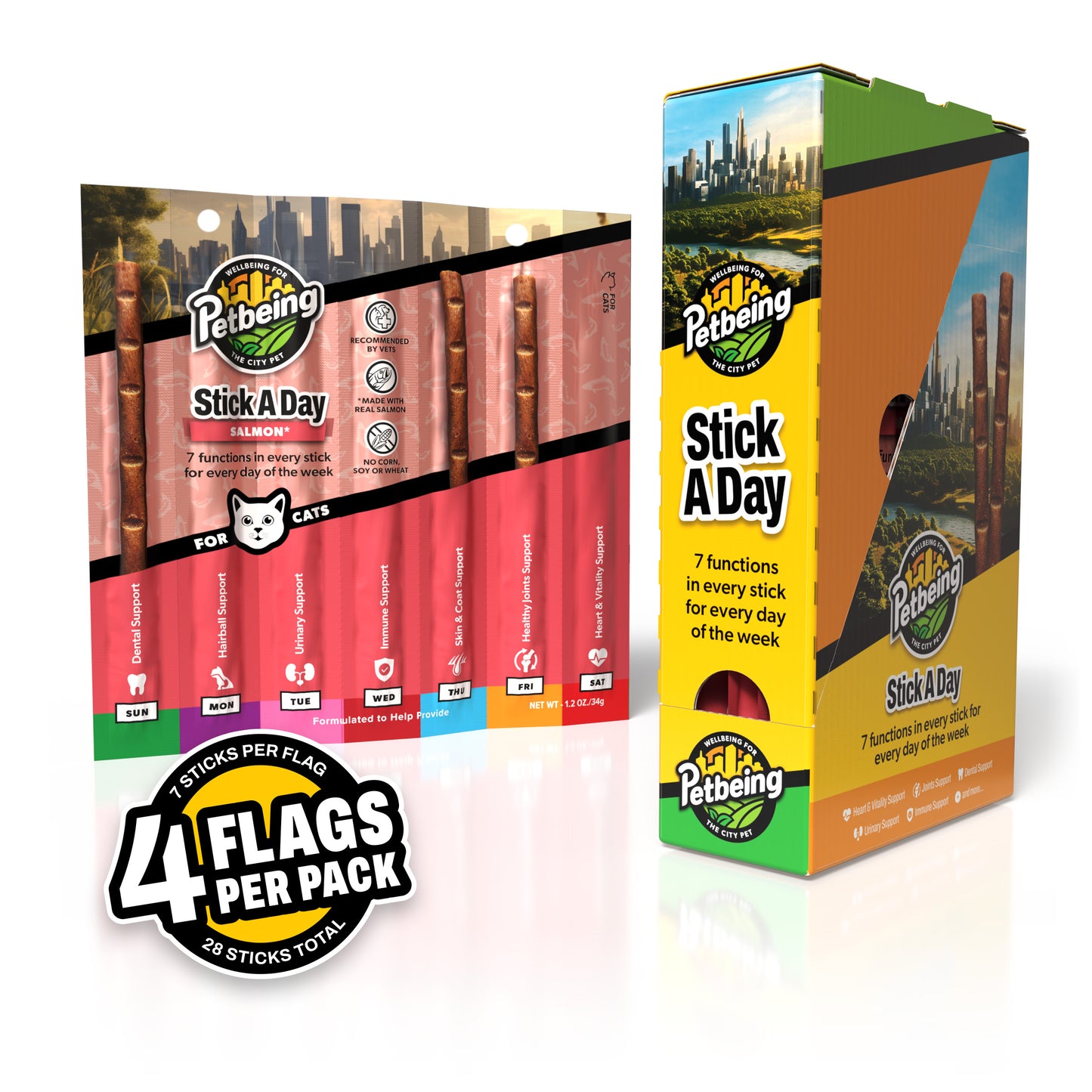 Stick a Day | Salmon Flavor | Specially Formulated 7-in-1 Functions Daily Real Meat Snacks for Cats | Tasty Cat Treat & Pet Vitamins & Supplements Combination (Pack of 28 Sticks)