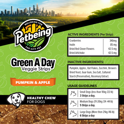 Green A Day - Veggie Strips | Pumpkin - Apple Flavor | A Healthy Vegetarian Supplement Chew for Dogs Made with Real Fruits and Vegetables | 3 oz Bag x4