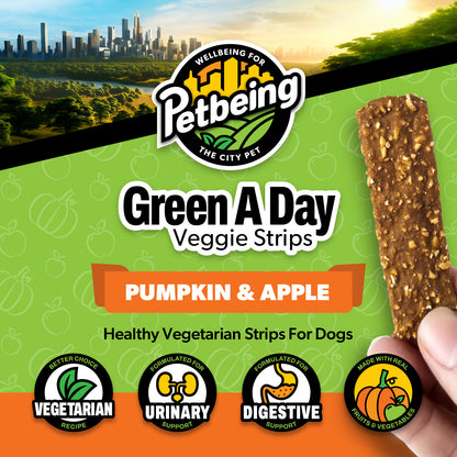 Green A Day - Veggie Strips | Pumpkin - Apple Flavor | A Healthy Vegetarian Supplement Chew for Dogs Made with Real Fruits and Vegetables | 3 oz Bag x4