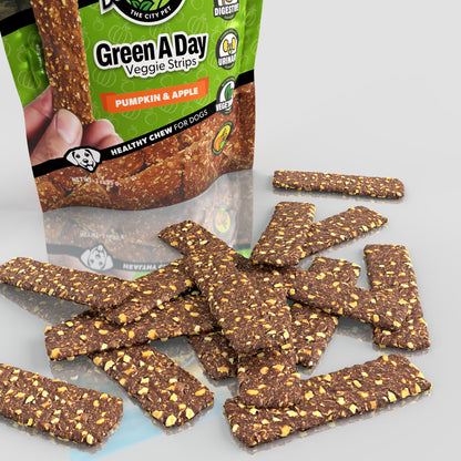 Green A Day - Veggie Strips | Pumpkin - Apple Flavor | A Healthy Vegetarian Supplement Chew for Dogs Made with Real Fruits and Vegetables | 3 oz Bag x4